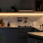 A photograph of capture a photograph of a beautifully lit kitchen countertop showcasing under counter led light strips illuminating the workspace