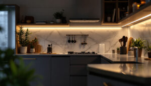 A photograph of capture a photograph of a beautifully lit kitchen countertop showcasing under counter led light strips illuminating the workspace