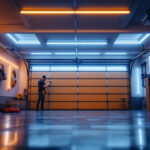 A photograph of a well-lit garage space featuring led strip lights installed along the ceiling and walls