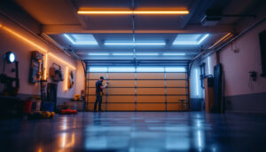 A photograph of a well-lit garage space featuring led strip lights installed along the ceiling and walls