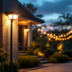 A photograph of a motion sensor spotlight illuminating a beautifully landscaped outdoor area at dusk