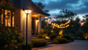 A photograph of a motion sensor spotlight illuminating a beautifully landscaped outdoor area at dusk