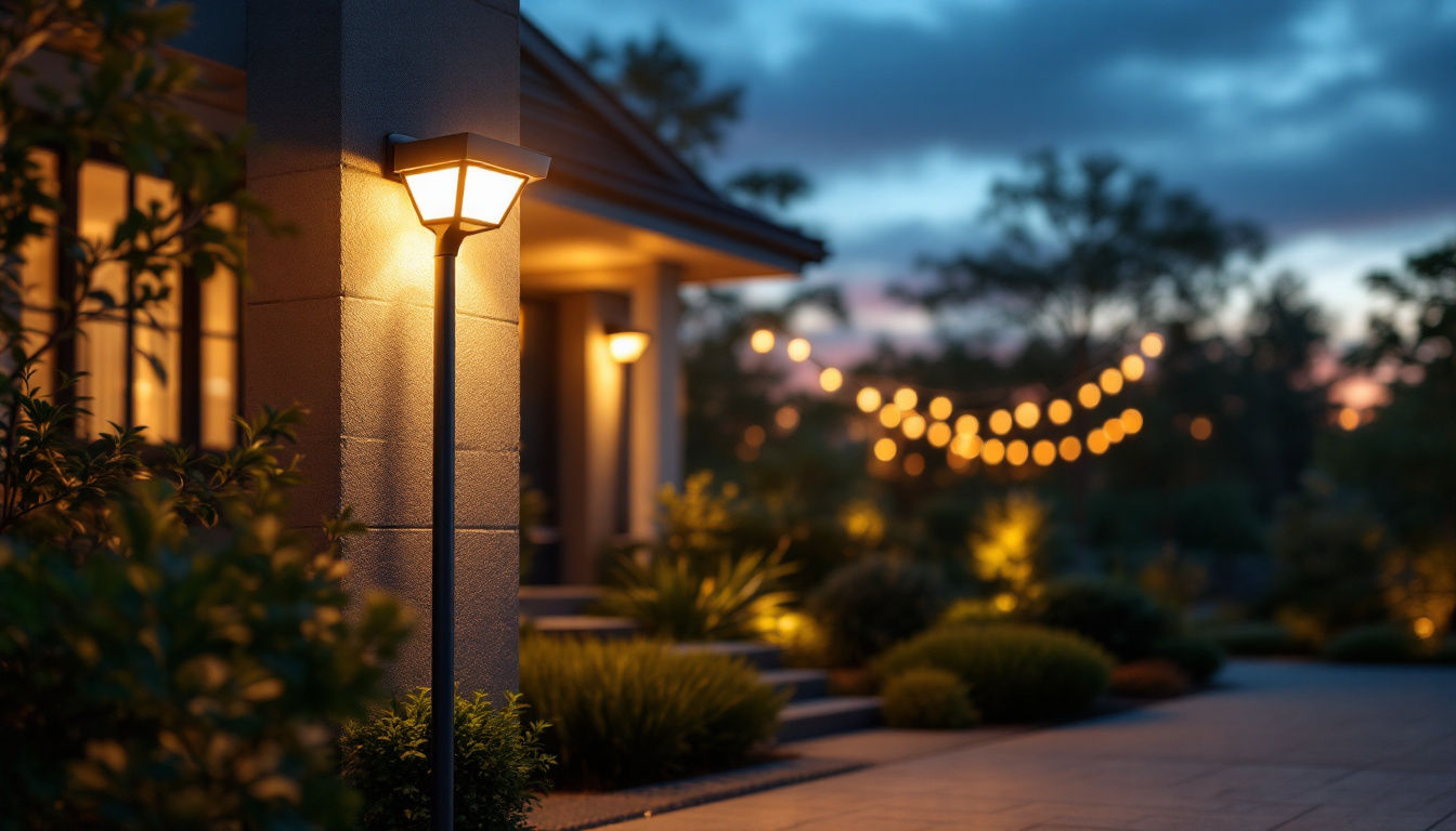 A photograph of a motion sensor spotlight illuminating a beautifully landscaped outdoor area at dusk