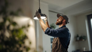 A photograph of a lighting contractor expertly installing or adjusting a modern lighting fixture in a well-lit interior space