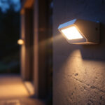 A photograph of a well-lit outdoor setting featuring a modern motion sensor security light in action