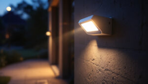 A photograph of a well-lit outdoor setting featuring a modern motion sensor security light in action