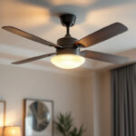 A photograph of a beautifully designed ceiling fan with an integrated light fixture
