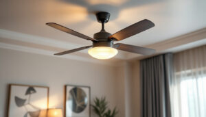 A photograph of a beautifully designed ceiling fan with an integrated light fixture