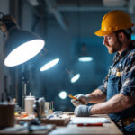 A photograph of a skilled lighting contractor in action