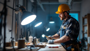 A photograph of a skilled lighting contractor in action
