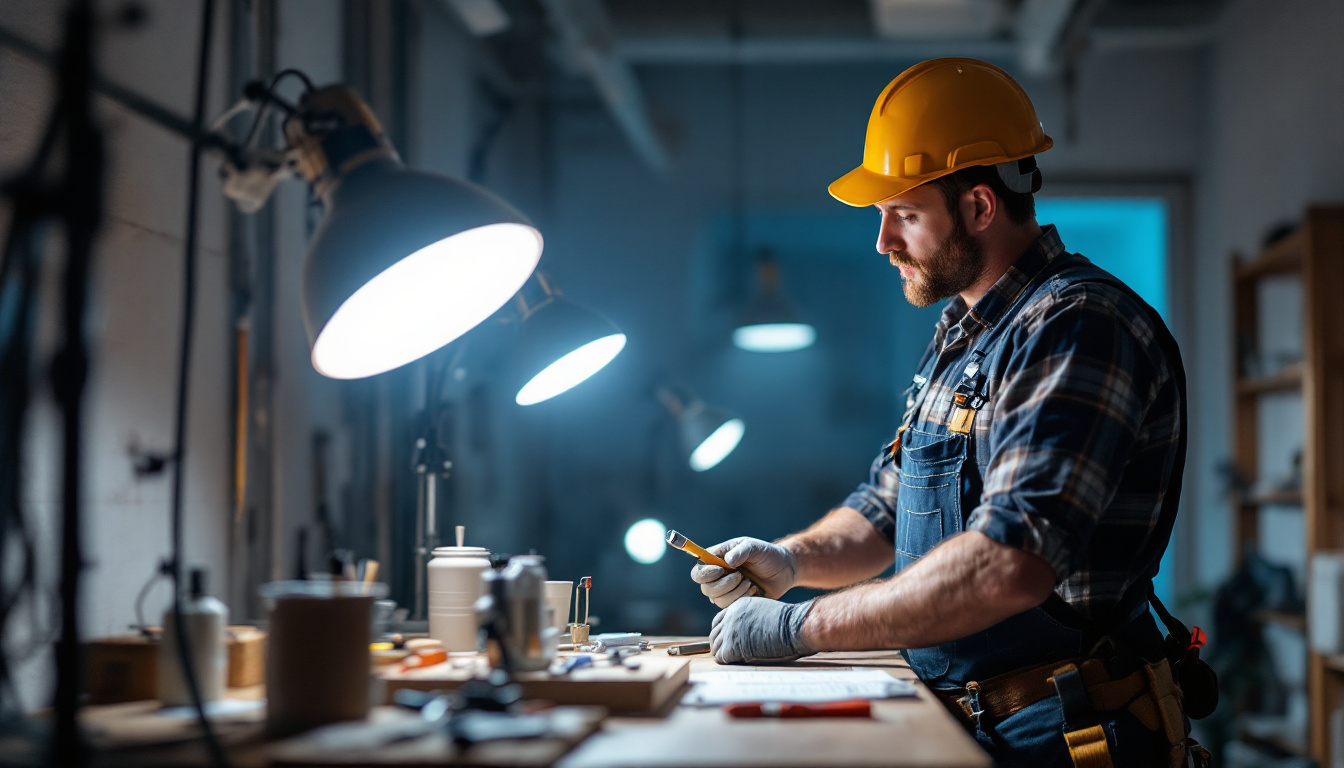 A photograph of a skilled lighting contractor in action