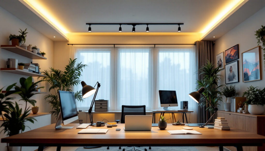 A photograph of a stylish home office featuring modern ceiling lighting that highlights the workspace