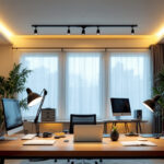 A photograph of a stylish home office featuring modern ceiling lighting that highlights the workspace