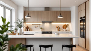 A photograph of a beautifully designed kitchen featuring stylish flush mount lights