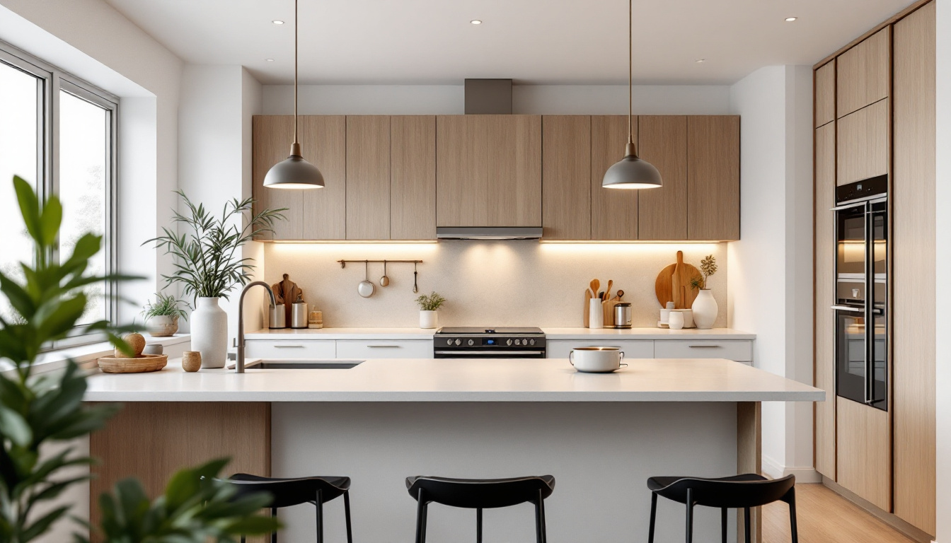 A photograph of a beautifully designed kitchen featuring stylish flush mount lights