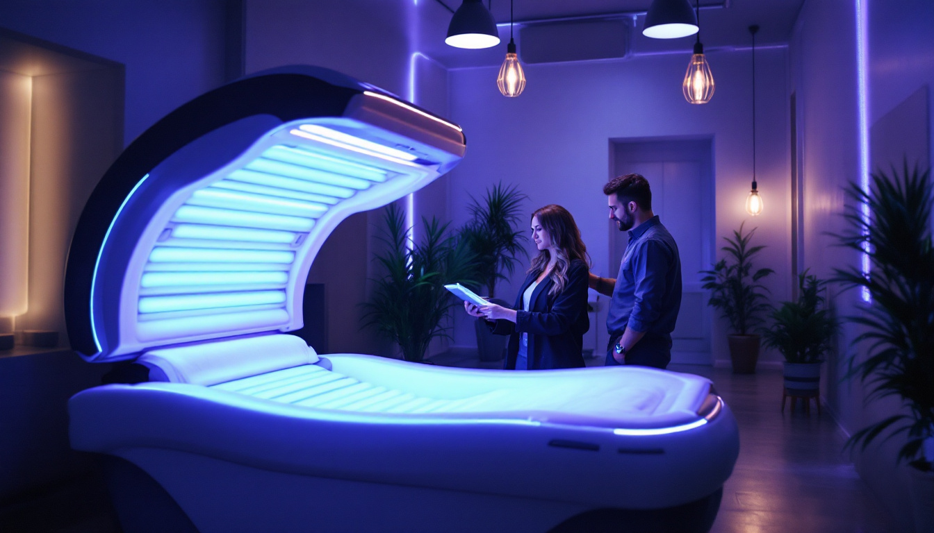 A photograph of a modern tanning bed in a well-lit salon setting