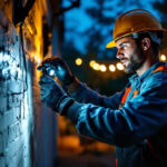 A photograph of a lighting contractor working on an installation of led flood lights in an outdoor setting