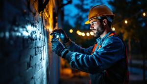 A photograph of a lighting contractor working on an installation of led flood lights in an outdoor setting