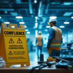 A photograph of a lighting contractor inspecting a well-lit commercial space
