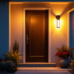 A photograph of a stylishly lit front entrance featuring a modern exterior light fixture