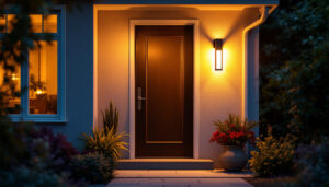 A photograph of a stylishly lit front entrance featuring a modern exterior light fixture