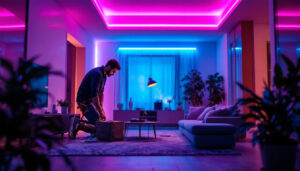 A photograph of a skilled lighting contractor installing vibrant strip led lighting in a modern interior space