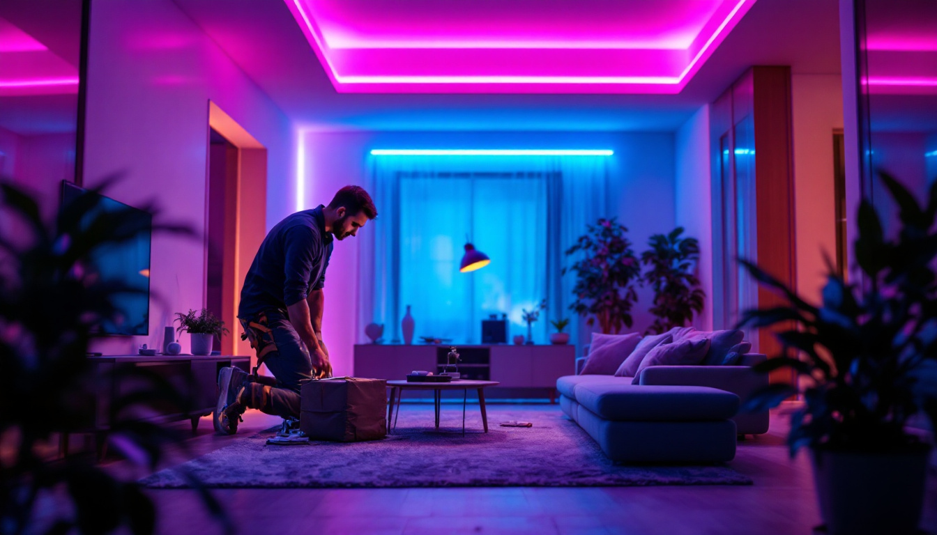 A photograph of a skilled lighting contractor installing vibrant strip led lighting in a modern interior space