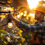 A photograph of a lighting contractor installing solar-powered lights in a residential or commercial setting