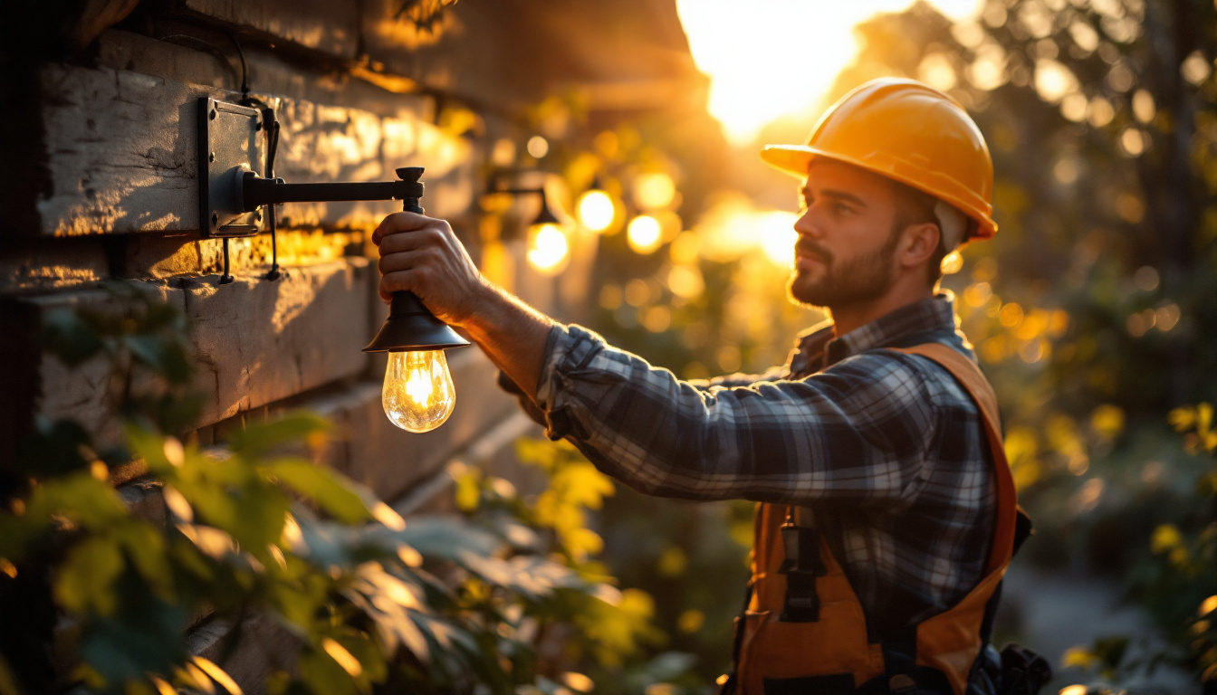 A photograph of a lighting contractor installing solar-powered lights in a residential or commercial setting