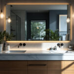 A photograph of a beautifully designed bathroom vanity illuminated by stylish lighting fixtures