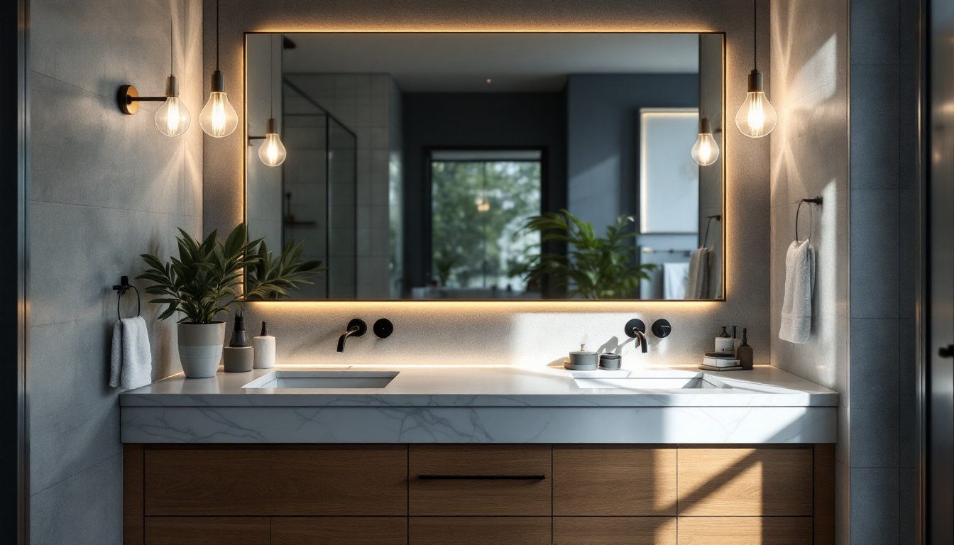 A photograph of a beautifully designed bathroom vanity illuminated by stylish lighting fixtures