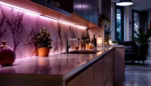A photograph of a stylish kitchen with under counter led lights illuminating the countertop