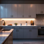 A photograph of a beautifully designed kitchen showcasing under-counter lighting in action