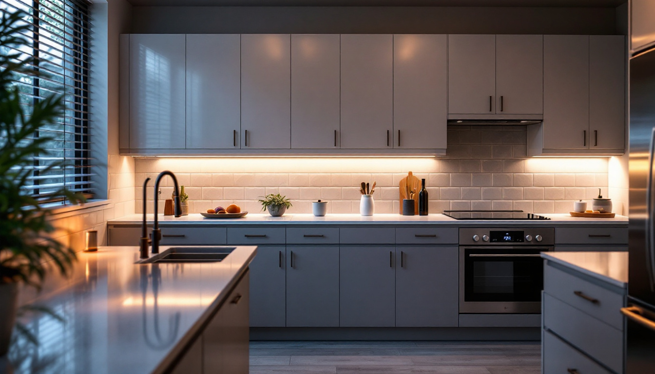 A photograph of a beautifully designed kitchen showcasing under-counter lighting in action