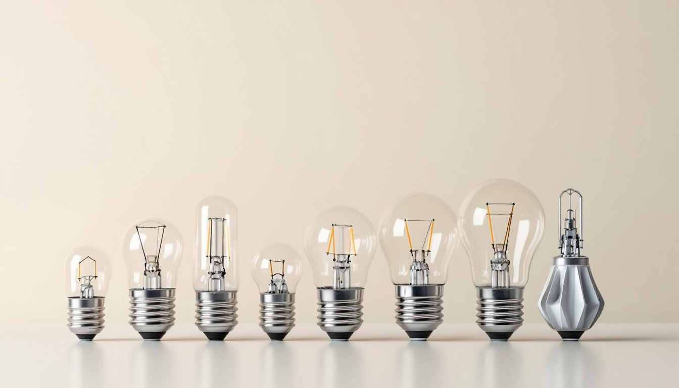 A photograph of a close-up of various standard light bulb bases arranged on a clean