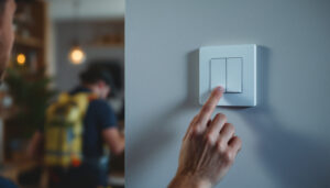 A photograph of a modern light switch installation in a stylish home setting