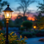 A photograph of a beautifully designed yard lamp post illuminated at dusk