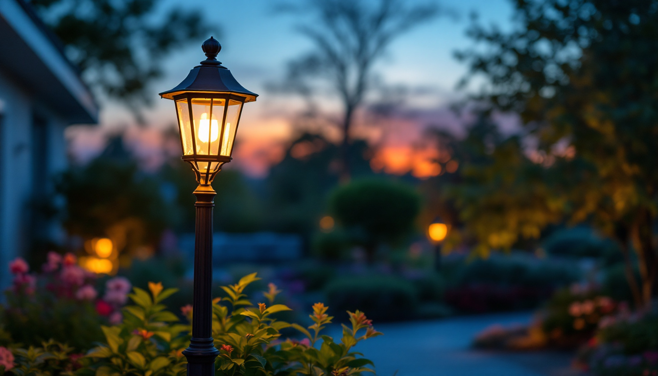 A photograph of a beautifully designed yard lamp post illuminated at dusk