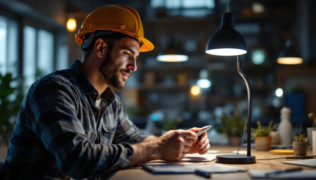A photograph of a lighting contractor examining a modern led lamp in a well-lit workspace