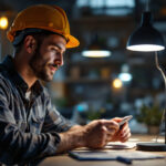 A photograph of a lighting contractor examining a modern led lamp in a well-lit workspace