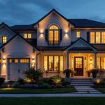 A photograph of a beautifully illuminated home exterior at dusk