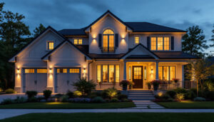 A photograph of a beautifully illuminated home exterior at dusk