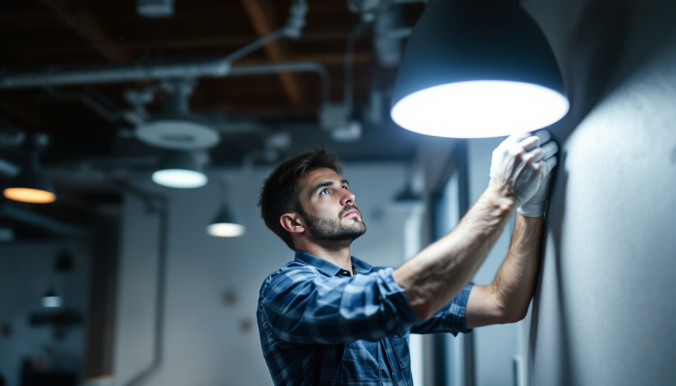 A photograph of a lighting contractor skillfully installing or adjusting modern