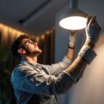 A photograph of a skilled lighting contractor expertly installing an upward lighting lamp in a stylish interior setting