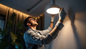A photograph of a skilled lighting contractor expertly installing an upward lighting lamp in a stylish interior setting