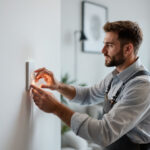 A photograph of a skilled lighting contractor installing or adjusting a modern home control light switch in a stylish