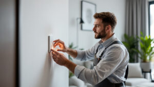 A photograph of a skilled lighting contractor installing or adjusting a modern home control light switch in a stylish