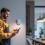 A photograph of a lighting contractor installing the fo1 motion sensor in a modern residential or commercial space