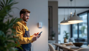 A photograph of a lighting contractor installing the fo1 motion sensor in a modern residential or commercial space