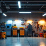 A photograph of a well-lit garage showcasing various led lighting installations